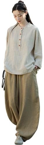 CHUIKUAJ Tai Chi-Kleidung für Damen, Chinesischer Retro-Kung-Fu-Anzug, Baumwolle und Leinen, Langärmliges Oberteil + Hose für Morgengymnastik, Meditation (Khaki, Onesize)