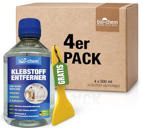 bio-chem Klebstoffentferner Etikettenlöser 4x 500ml | Mit Orangenterpenen und Schaber für Etiketten, Aufkleber und Klebereste | Extrem starker Entferner für hartnäckige Etiketten