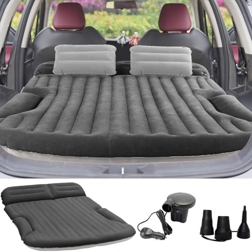 KMZ Auto Matratze, 2 Kissen Auto Luftmatratze, Doppelseitige Verdickte Beflockung Automatratze Camping Aufblasbaren Autobett für Kofferraum Rückbank (Dunkelgrau)