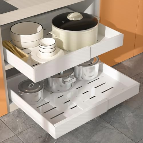 WIMEORS 2 Stück erweiterbarer ausziehbarer Schrankorganisator mit Klebefläche, 53 cm tiefe Schubladen für Küchenunterschränke, verstellbare Breite 32 cm-53 cm