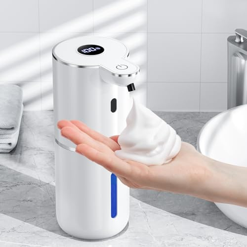 Seifenspender Automatisch mit digitaler Anzeige, Wandmontage, Berührungslos | 380ml, 6-Stufig Einstellbar, 3 Monate Akkulaufzeit, USB Wiederaufladbar, IPX5 Schaumseifenspender für Bad, Küche, Weiß
