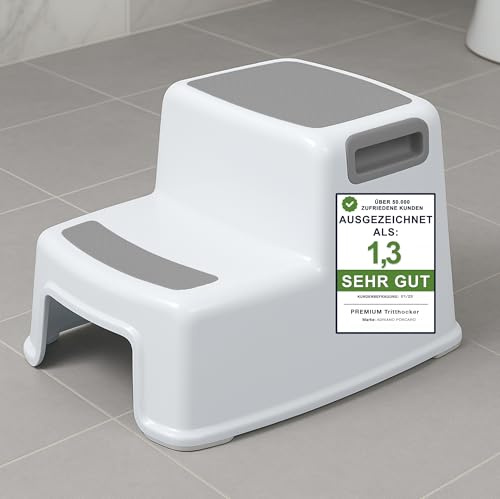 ADRIANO PORCARO® I Tritthocker Kinder I 2-Stufig Hocker I 26cm Hoch I Belastbarkeit 80kg I Gummierte Trittfläche I Hocker Kinder Bad mit Tragegriffe I Für Erwachsene, Senioren I Grau