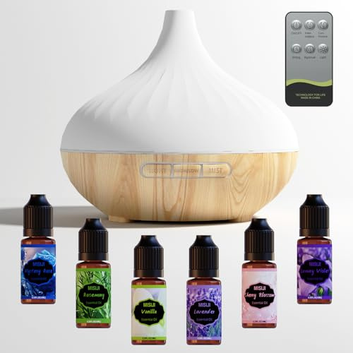 MISIJI Aroma Diffuser für Duftöle 500ML,mit Fernbedienung und Flower Ätherische Öle Set 6x10 ML,4 Timer-Einstellung,7 Arten LED Lichtfarben