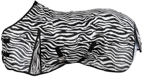RL24 - Zebra Fliegendecke mit Kreuzgurt – reißfeste & feinmaschige Pferdedecke – Weidedecke zum Schutz vor Insekten – mit Schweifriemen & extra Langen Seiten – Outdoor-Pferdedecke – 155 cm