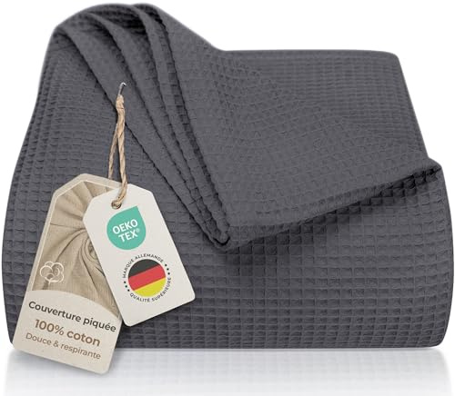 LAYNENBURG Premium Tagesdecke 150 x 200 cm - Waffelpique 100% Baumwolle - leichte Sommerdecke Waffeloptik - Baumwolldecke als Überwurf, Sofa, Couch-Decke (anthrazit)
