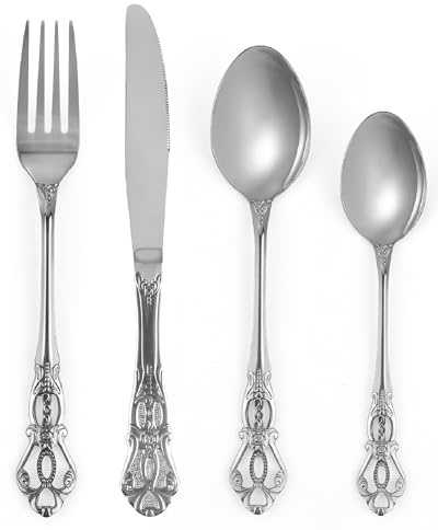 SHEUMNT Retro Silber Besteckset für 6 Personen, Wunderschönes 24-teiliges Edelstahlgeschirr, Service für 6 Personen, Utensilienset, Gabel, Löffel, Messer, antikes Barock-Besteckset