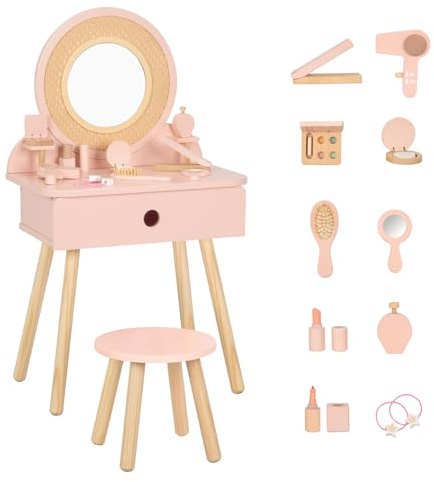 OOOK Schminktisch Kinder, Mädchen Kinderschminktisch mit Hocker und Spiegel | Rollenspiele Mit Schminke, Elegantes Prinzessinnen-Design, Geeignet Ab 3 Jahren, Umfangreiches Schminkzubehör Mit Stauraum