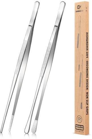 2 Stück 30,5 CM Küchenpinzette Feine Pinzettenzange, Professionelle lange Kochpinzette aus Edelstahl für BBQ, Meeresfrüchte, Reparieren und Servieren (SILBER)