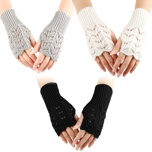 SPOKKI 3 Paar Fingerlose Handschuhe Damen 3 Farben Fingerless Gloves Bestickt Damen Thermo Gestrickte Fingerlos Winter Warme Pulswärmer Stricken Geeignet für Jungen und Mädchen Weihnachtsgeschenke