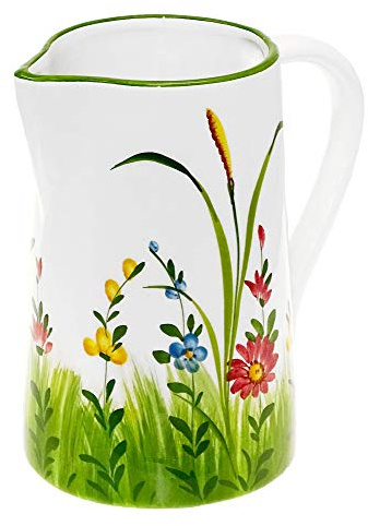 Lashuma Italienischer Keramik Krug 1,5 l, Wasserkrug Motiv Blumenwiese | Handgemachter und handbemalter Keramikkrug mit Henkel, 19 cm hoch, ideal für Wasser, Saft und Limonade
