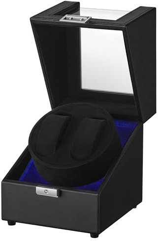SONGMICS Uhrenbeweger, Automatik Uhrenbeweger 2 Uhren, Uhrenbox, Premium-Motor, mit LED-Licht, verstellbarem Uhrenkissen, Schloss, 4 Rotationsmodi, USB-C-Ladekabel, schwarz JWB031B01