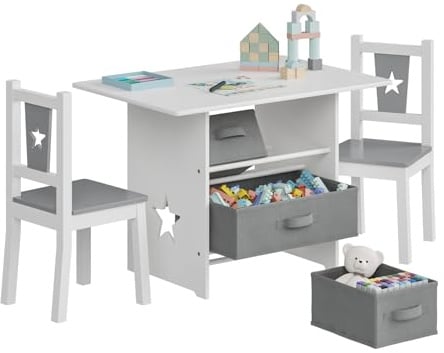 WOLTU Kindersitzgruppe Kindertisch mit 2 Stühle 3 TLG., Malttisch Weiß/Grau | mit Stauraum, Kindermöbel Set aus Holz, mit 3 Aufbewahrungskörben, Sitzgruppe für Kinder
