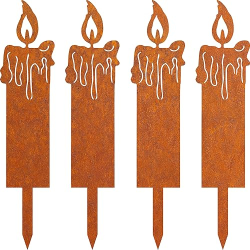 JYUECIAN Rost Kerze Gartenstecker Grabdekoration Wetterfest Weihnachtsdeko Gartendeko, 4 Stück, 24cm