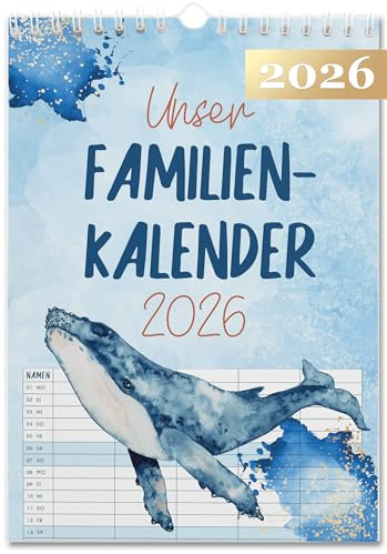 XXL Familienplaner 2026 - Wal - 5 Spalten - viel Platz DIN A3 - für 5 Personen - mit Schulferien und Vorschau für 2027 - Familienkalender 2027 5 Spalten - von Sophies Kartenwelt