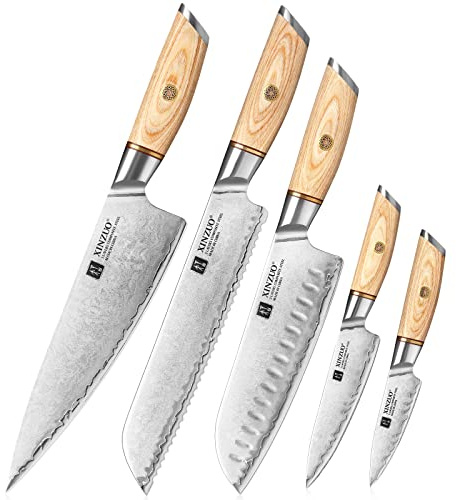 XINZUO 5-teiliges Küchenmesser Set Verbundstahl Chefmesser -Pakkaholz Griff | Edelstahl Kochmesser Set 3 Schichten Verbundstahl 10Cr15CoMoV Stahlkern, Profi Scharf Küchenmessersets Messerset