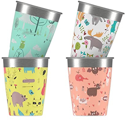Sigg Kinderbecher Set (4 x 0.35 L), Trinkbecher für Kinder in 4 bunten Designs für Jungen und Mädchen, praktische Edelstahlbecher für zu Hause und unterwegs
