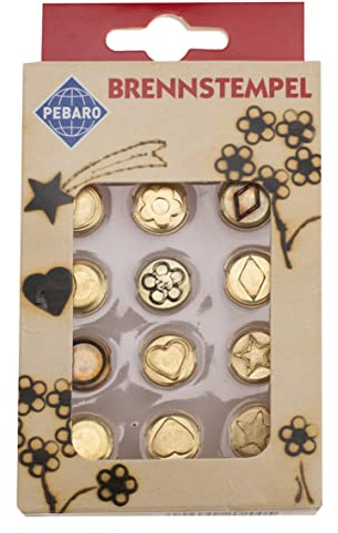 GLOREX 6 1671 003 - Pebaro Brennstempel Set, 12-teilig, mit verschiedenen Formen aus Messing, zum Einschrauben für Pebaro Brandmalkolben geeignet, Brennen auf Holz, Leder, Kork und anderen Materialien