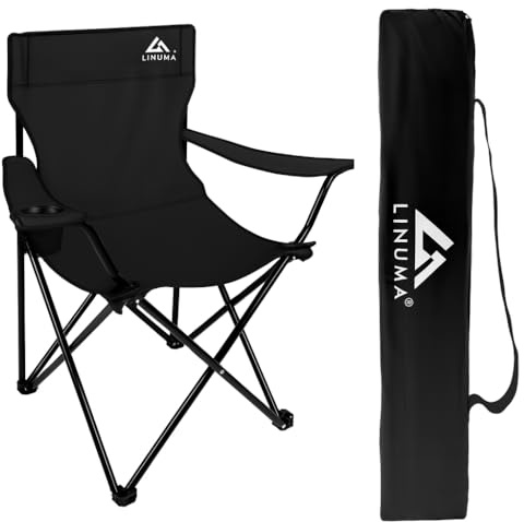 LINUMA® Faltstuhl SCHWARZ Campingstuhl Anglerstuhl mit Getränkehalter & Tragetasche - Anglersessel klappbar - Klappstuhl Gartenstuhl Faltstuhl Relaxsessel Angelsessel faltbar (1, Schwarz)