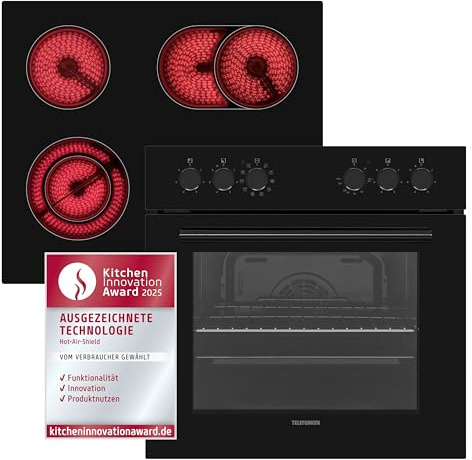 Telefunken ECHS65A-B2 Einbauherd-Set | Elektro-Herd-Kochfeld-Kombination | Backofen mit Grill und Umluft | Rahmenloses Glaskeramik-Kochfeld mit 4 Zonen | Hot Air Shield | 65 Liter | 60 cm | Edelstahl
