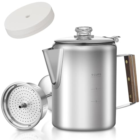 shoxil Perkolator Kaffeekanne Edelstahl, Kaffee Perkolator Induktion mit 100 Kaffeefiltern, 9 Tassen, langlebiges Edelstahlmaterial, Campingkaffeekanne