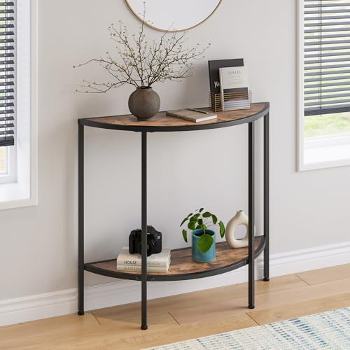 VECOCHO Konsolentisch Schmaler Sofatisch mit 2 Ebenen,Console Table,Braun | Moderner Beistelltisch Kleiner Tisch,Flurtisch,Halbrunder Couchtisch für Wohnzimmer, Schlafzimmer, Balkon,Console Table
