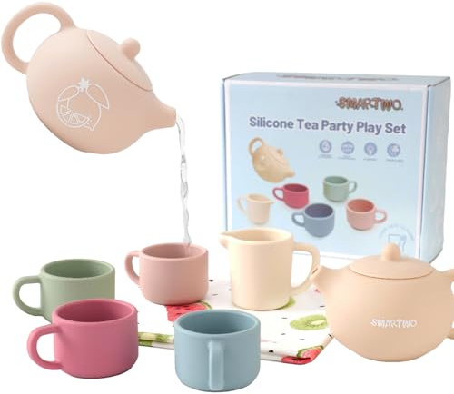 Smartwo Teeservice Kinder aus Silikon Lebensmittelecht mit 4 Tassen | Teeset Spielzeug für Rollenspiel, Kinderküche Spielküche Matschküche Zubehör, Geschenk für Mädchen ab 1 2 3 Jahre