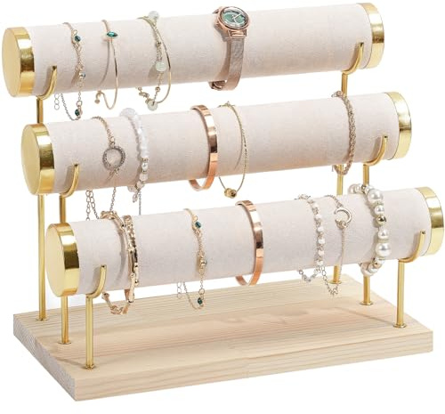 ProCase 3 Etagen T-Form Armbandhalter, Abnehmbare Armband Halterung Schmuckhalter, Samt Wrap Armbandständer Uhrenständer Aufbewahrung mit Holzsockel für Armreifen Armbänder Haarklammern Uhren -Beige