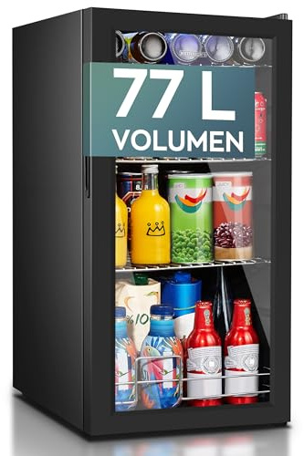 Heinrich´s Getränkekühlschrank, Mini Kühlschrank mit Glastür kompakt und leise: 40dB, LED-Innenraumbeleuchtung, perfekt geeignet für Büro Camping Garten,5 bis18°C, (74Liter/3Ablagen/40db)