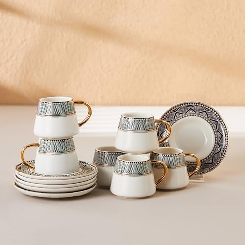KARACA Globe Türkische Kaffeetassen set mit untertasse für 6 Personen, 12-Teiliges, 6 Espressotasse und 6 Untertassen, Mochatassen, Cappuccino, Kaffeeservice Set aus Porzellan