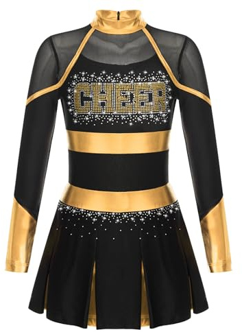 YOOJIA Cheerleading Kostüm Kinder Mädchen Langarm Tanzkleid mit Glitzer Cheer Leader Outfit Schulmädchen Kleider Sportkleid