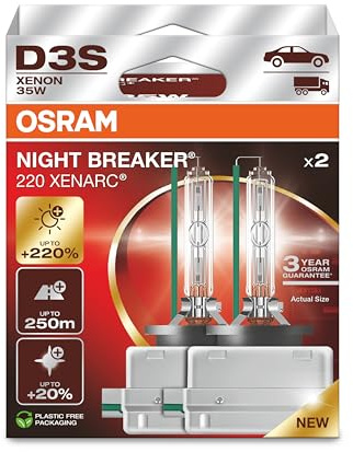 Osram XENARC NIGHT BREAKER 220, D3S, Xenon-Scheinwerferlampe | +220% mehr Helligkeit, 66340XN2-2HB, Faltschachtel (2 Lampen)