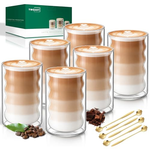 Latte Macchiato Gläser Doppelwandig 400ml 6er Pack mit 6 Löffeln Doppelwandige Kaffeegläser Cappuccino Tassen Glas Spiralförmig Thermogläser Teegläser aus Borosilikatglas