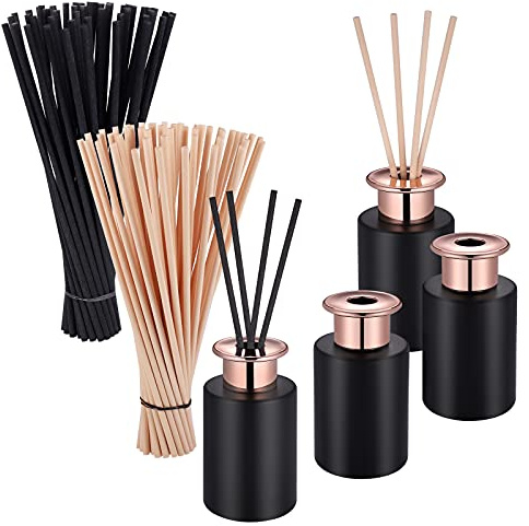 JIZZU Glasdiffusorflaschen Set, 4 Leere Diffusorflasche, 100 Schilfstäben | 100ml Glas Diffusor Flaschen mit Reed Diffuser Set für Raumduft Diffusor Ätherische DIY Duftvase Spa Aropatherapie