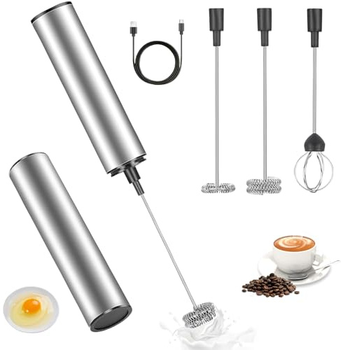Milchaufschäumer Stab, Elektrischer Milchaufschäumer mit 3 Schneebesen, M-ilchaufschäumer Elektrisch, Wiederaufladbarer M-ilchaufschäumer, Getränkemixer für Kaffee, Creme, Cappuccino, Latte
