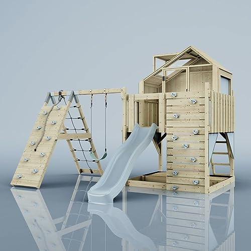 Rebo Outdoor Spielturm mit Wellenrutsche, Spielhaus aus Holz mit Kletterwand, Kletternetz,Eisblau