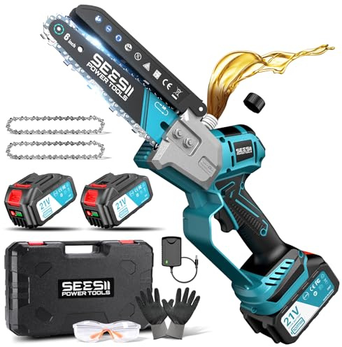 SEESII Bürstenlose Mini Kettensäge 6 Zoll, Handkettensäge mit 2 * 4000 mAh Akkus, Einhand Akkusäge mit Automatischem Öler, Kompatible mit Makita Akku 18V, Elektrische Säge für Holz, Ast