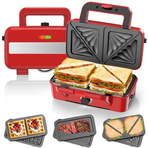 Sandwichmaker 3 IN 1, 1200W & 5-Gang-Temperaturregelung Waffeleisen, Cool-Touch-Griff, Sandwichtoaster, Kontaktgrill mit 3 Antihaftplatten für Sandwich, Waffeln, Fleisch, LED-Leuchten, Retrorot