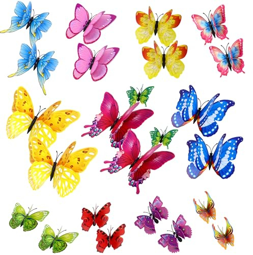 24 Stück 3D-Schmetterlings-Wanddekoration, Bunte Schmetterlinge mit Doppelflügeln aus PVC, mit Magneten & Klebepunkten, für Kinderzimmer, Schlafzimmer, Hochzeit, Party, DIY & Geschenkdeko