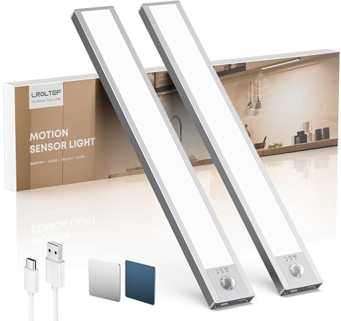 LROLTEF Schrankleuchte mit Bewegungsmelder 21 cm 1500 mAh | 6500K, USB-C wiederaufladbar, 32 LED, 4 Modi, magnetisch, Küche, Regal, Treppe, Schrank, 2er-Set, Silber