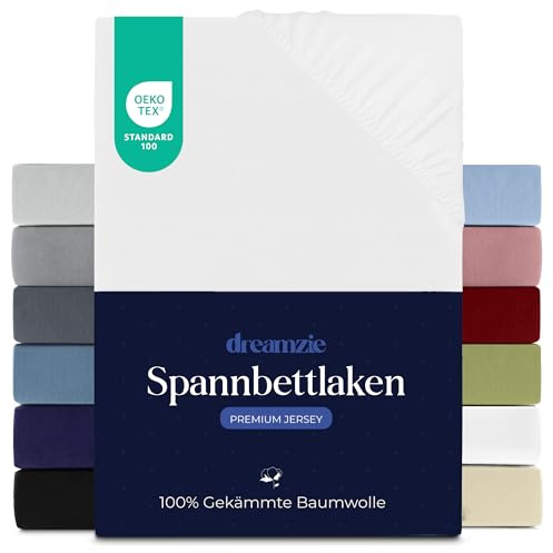 Dreamzie Premium Spannbettlaken 180x200 cm, Spannbetttuch für Dicke Matratzen bis zu 27 cm, Bettlaken 100% Jersey Baumwolle, 150 g/m², Oeko-TEX Zertifiziert - Weiß