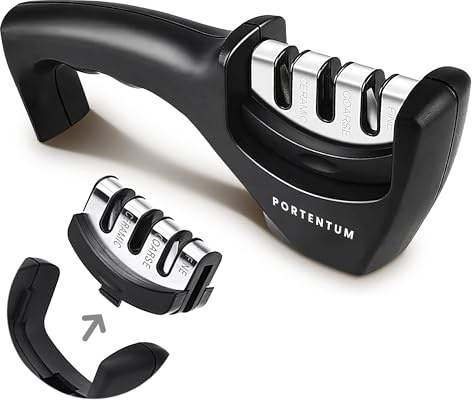 PORTENTUM Messerschärfer manueller, professioneller Messerschleifer mit 3 Stufen - Keramikstein, Wolframcarbid-Scheiben, Diamant-Schleifsteine - ergonomisches