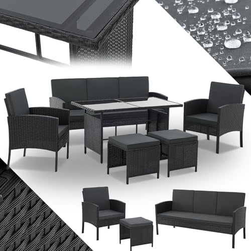 Juskys Gartenmöbel Set Polyrattan 6-teilig – Lounge Möbel Turin für 7 Personen mit Sesseln, Hockern, Tisch & Kissen, wetterfeste Balkonmöbel Sitzgruppe – Schwarz