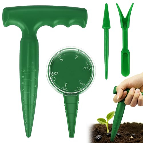 Milifox Blumenzwiebelpfanzer,Pikierstab,Pflanzhilfe für Blumenzwiebein mit T-Griff,Breiter und Pikier Set zum Pflanzen,zwiebelpflanzer Garten für Gemüse,Blumen und Zwiebelpflanze,4 Stück Grün