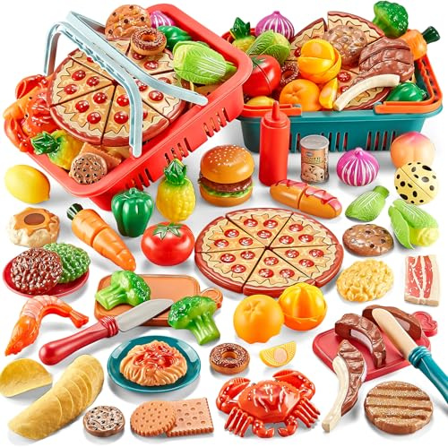 Comirth Spielset für Kinderküche, 80-teiliges Pretend Food Set mit 2 Picknickkörben, Pizza-Spielzeug und schneidbaren Kunststoffteilen, fördert Kreativität und Rollenspiel für Kinder ab 3 Jahren