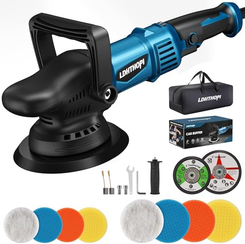 LDHTHOPI Dual Action Polierer, 980 W, 5/6 Zoll, 9 mm, zufällige Exzenterpoliermaschine für Auto-Details, 2800–5800 RMP, 6 variable Geschwindigkeitspufferpolierer mit 8 abnehmbaren Pads