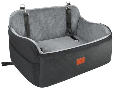 Lealchum Hundeautositz bis zu 55 lb, 2 Clip-On Sicherheitsleinen verstellbares Hundebett für 2 kleine Hunde, Abnehmbarer und waschbarer Haustier-Autositz mit 2 Aufbewahrungstaschen(Black/Grey, Large)
