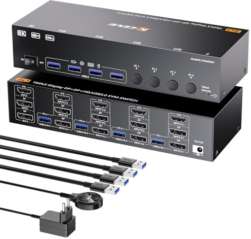 8K@60Hz KVM Switch 4 PC 3 Monitore, HDMI + 2Displayport KVM Switches Triple Monitore für 4 PCs, die sich 3 Monitore und 4 USB 3.0 Ports teilen, inkl. kabelgebundener Fernbedienung, Netzteil und 4 USB