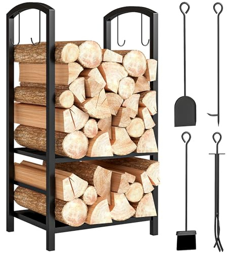 Outsunny Kaminholzregal 5-teiliges Set Kaminholzständer mit 4 Kaminwerkzeug 2 Ebenen Metall Feuerholzablage Brennholzregal Innen Aussen für Kamin & Ofen 40 x 30 x 74,5 cm Schwarz