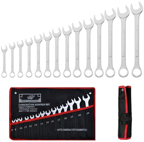 Mesybveo 14 Stück Ratschenschlüssel Set, 8-24 mm Ring Gabelschlüssel Ringmaulschlüssel Satz aus Chrom-Vanadium-Stahlin, in Rolltasche, Schraubenschlüssel mit 12 Zähnen zum Befestigung und Demontage