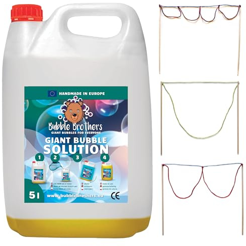 Bubble Brothers Seifenblasen Nachfüllflasche 5L Seifenblasenflüssigkeit Seifenblasenlösung Konzentrat für Riesenseifenblasen Stabile Seifenblasen (1 x 5L + 3 Seifenblasenstäbe)